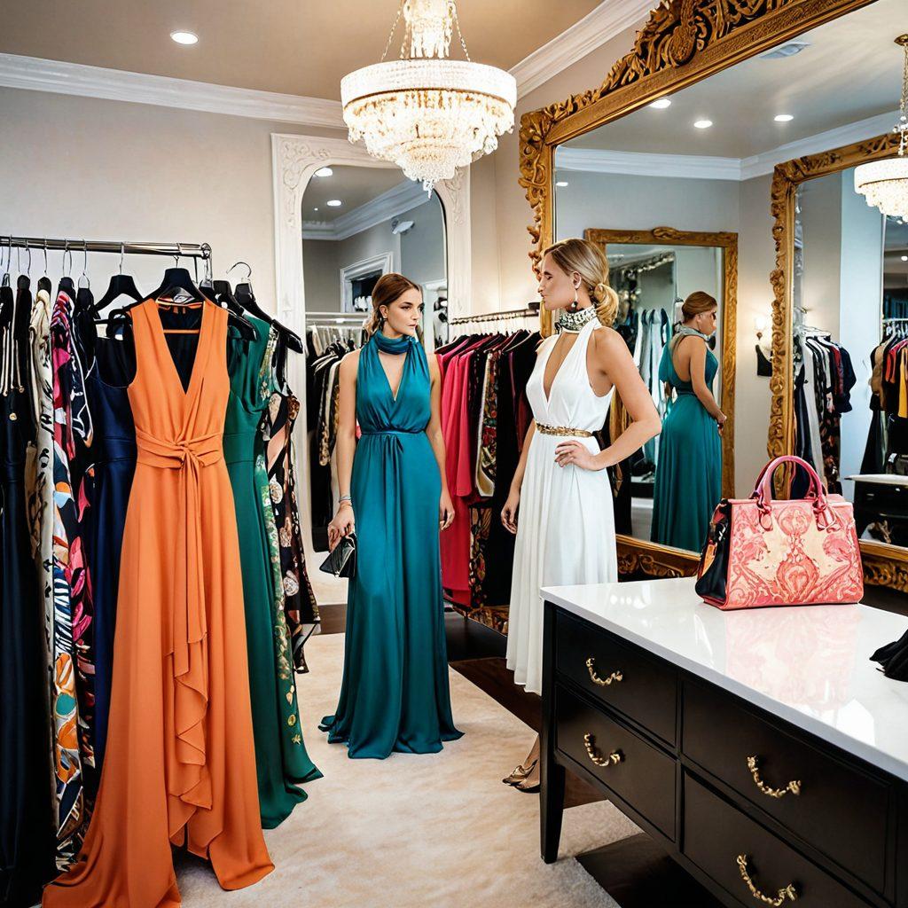 A stylish boutique interior showcasing elegant apparel on racks, with a fashionista trying on a chic dress in front of a large mirror. Surround the scene with tasteful decorations like silk scarves and subtle lighting for a sophisticated atmosphere. Incorporate hints of trendy accessories to inspire the viewer's wardrobe transformation. soft focus. vibrant colors. super-realistic.