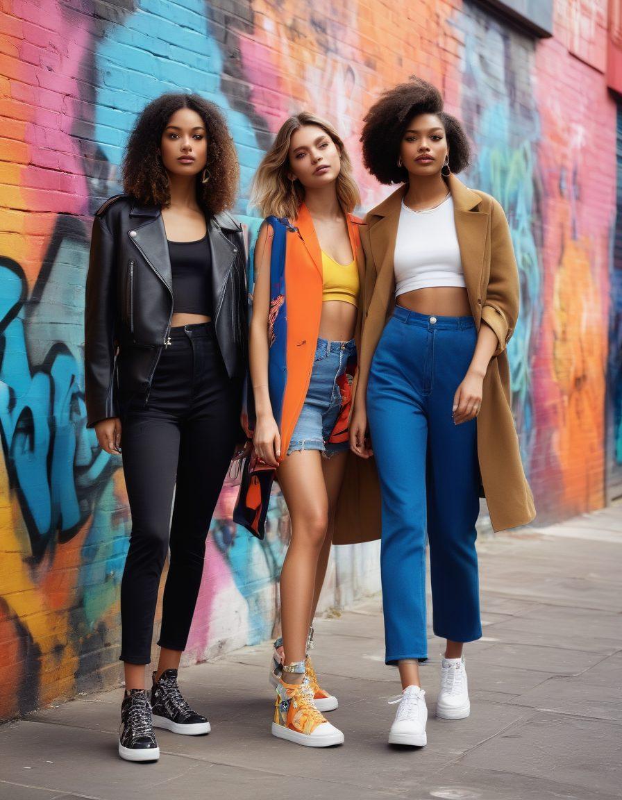A stylish urban street scene showcasing a diverse group of fashionable individuals wearing chic, affordable outfits. Include elements like trendy accessories, unique footwear, and vibrant graffiti on the walls, illustrating versatility for various occasions. Ensure the atmosphere feels lively and energetic, capturing the essence of urban fashion. Use bright colors and dynamic angles to emphasize movement and style. super-realistic. vibrant colors. urban setting.