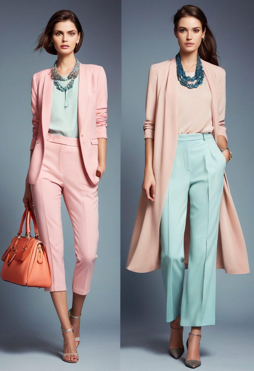 A stylish transformation scene highlighting a casual outfit on one side, transitioning into an elegant glamorous ensemble on the other. Include accessories like a statement necklace and a chic handbag, set against a soft pastel background. Showcase a silhouette of a confident person, embodying a sense of poise and elegance. Elegant draping fabrics and shimmering textures should be emphasized to illustrate the elevation in style. vibrant colors. super-realistic.